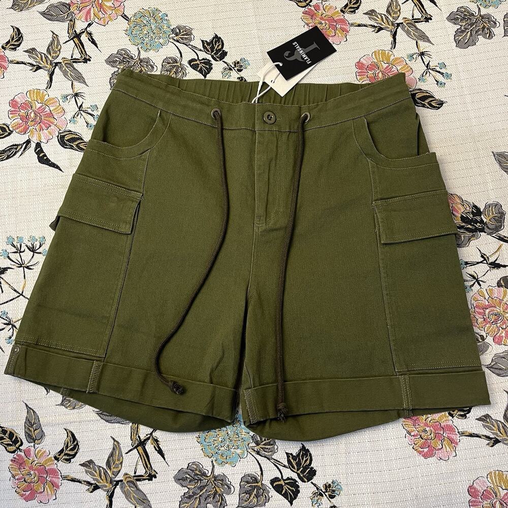 Women’s Olive Cargo Drawstring Shorts with Patch Pockets - Picture 3 of 10